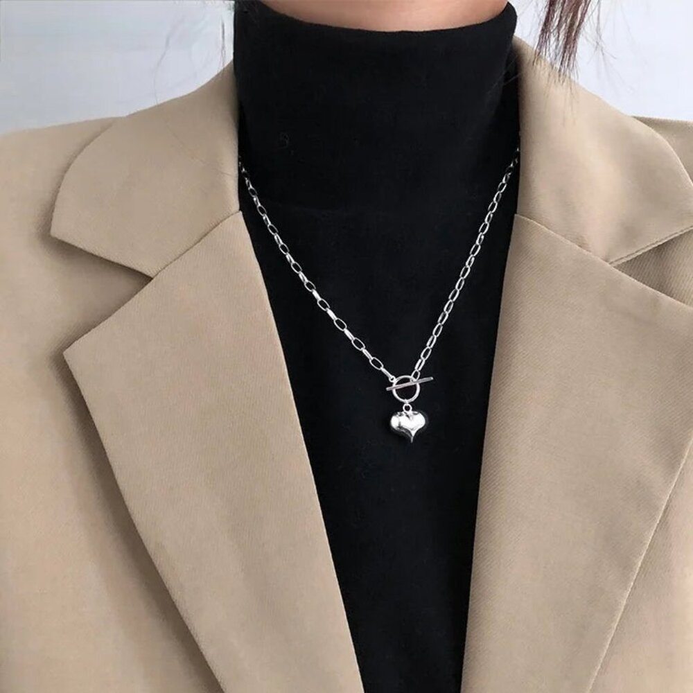 *925 Sterling Sliver Chunky Toggle Heart Necklace